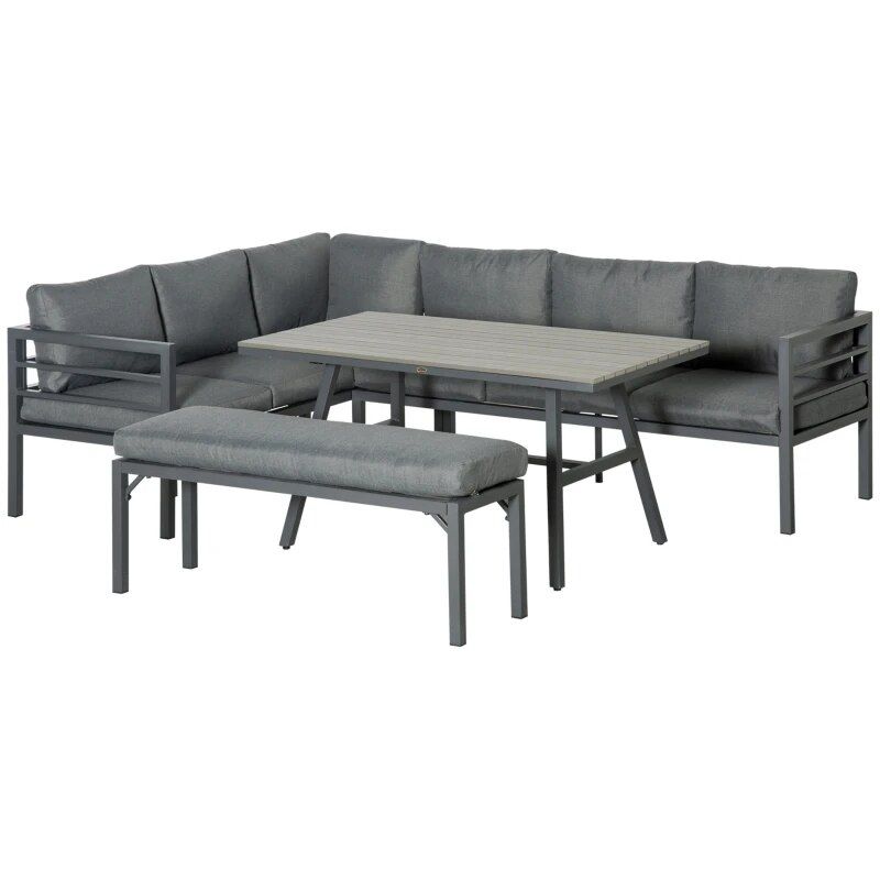 Modern 4-Piece Aluminum Patio Dining Set with Bench and Cushions