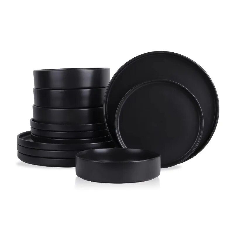 Elegant 12-Piece Black Round Ceramic Dinnerware Set - USD 75.99. 