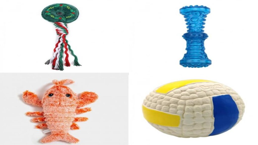 Collage of four different pet toys: a green wreath rope toy, a blue textured chew toy, an orange plush lobster toy, and a white and yellow volleyball toy.